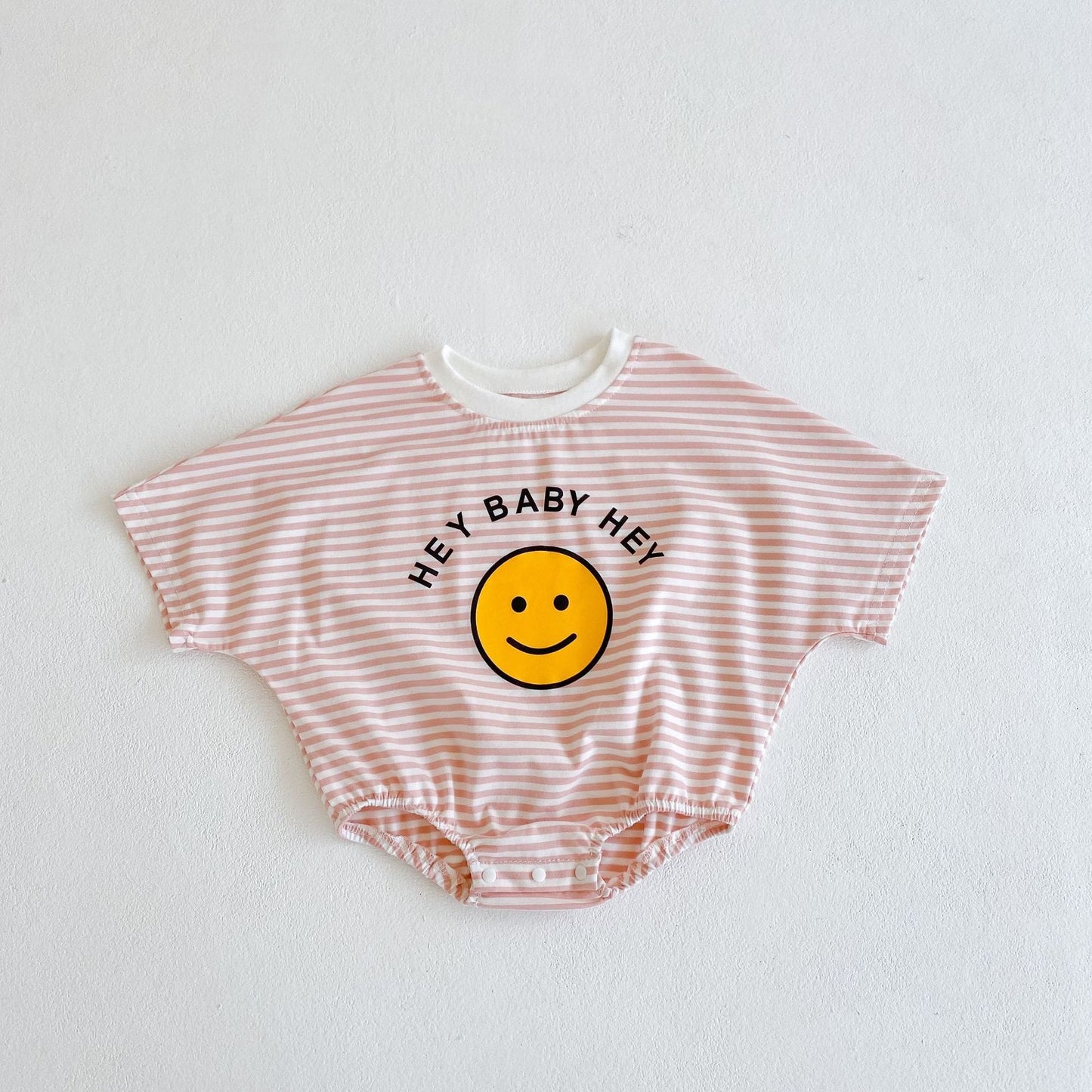 Striped Cotton Baby Romper – Summer Short Sleeve Jumpsuit with Smiley Print