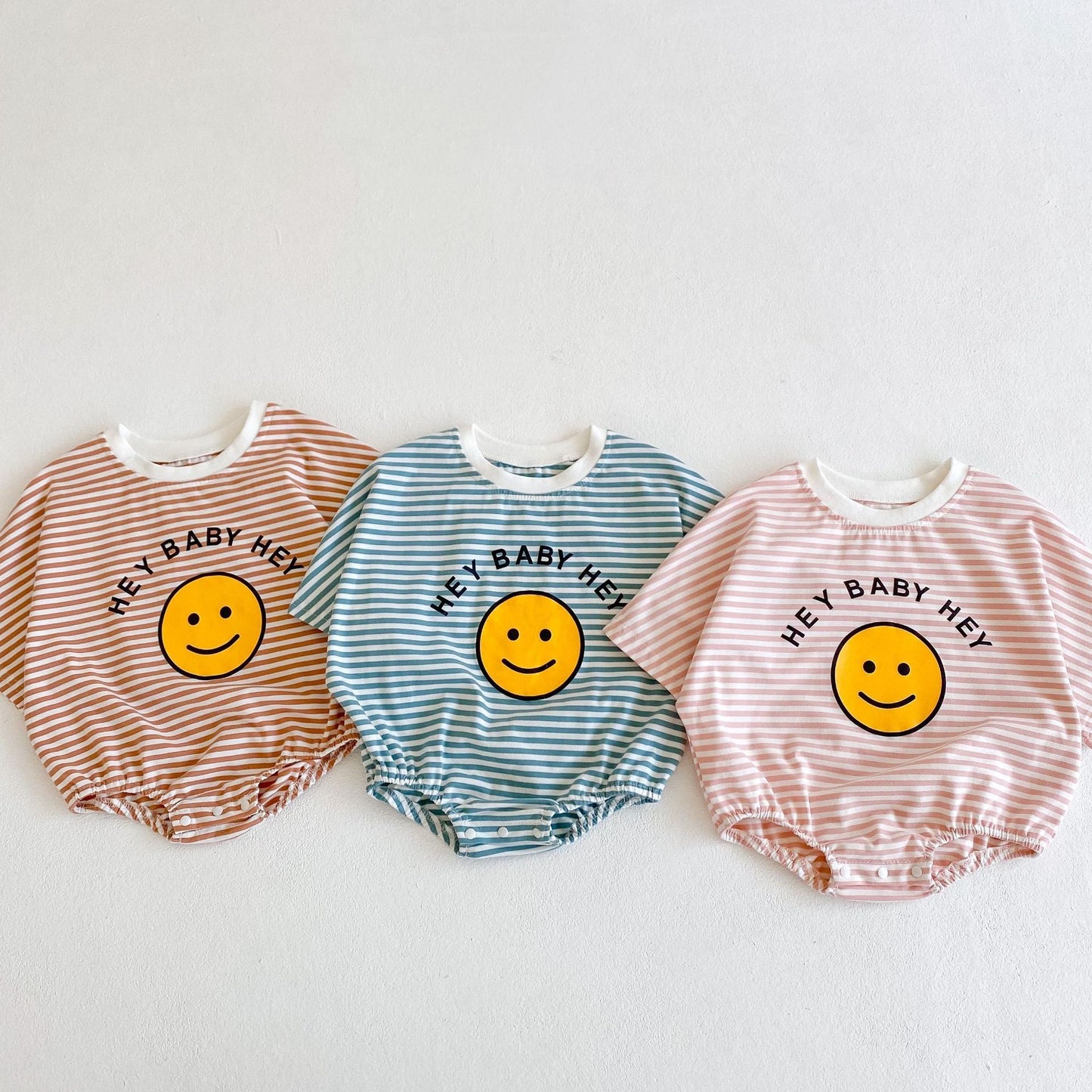 Striped Cotton Baby Romper – Summer Short Sleeve Jumpsuit with Smiley Print
