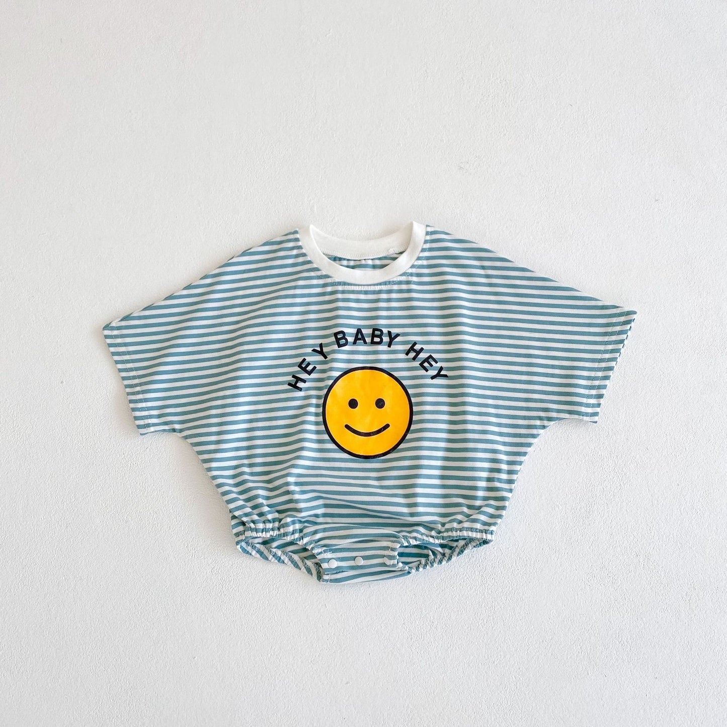Striped Cotton Baby Romper – Summer Short Sleeve Jumpsuit with Smiley Print