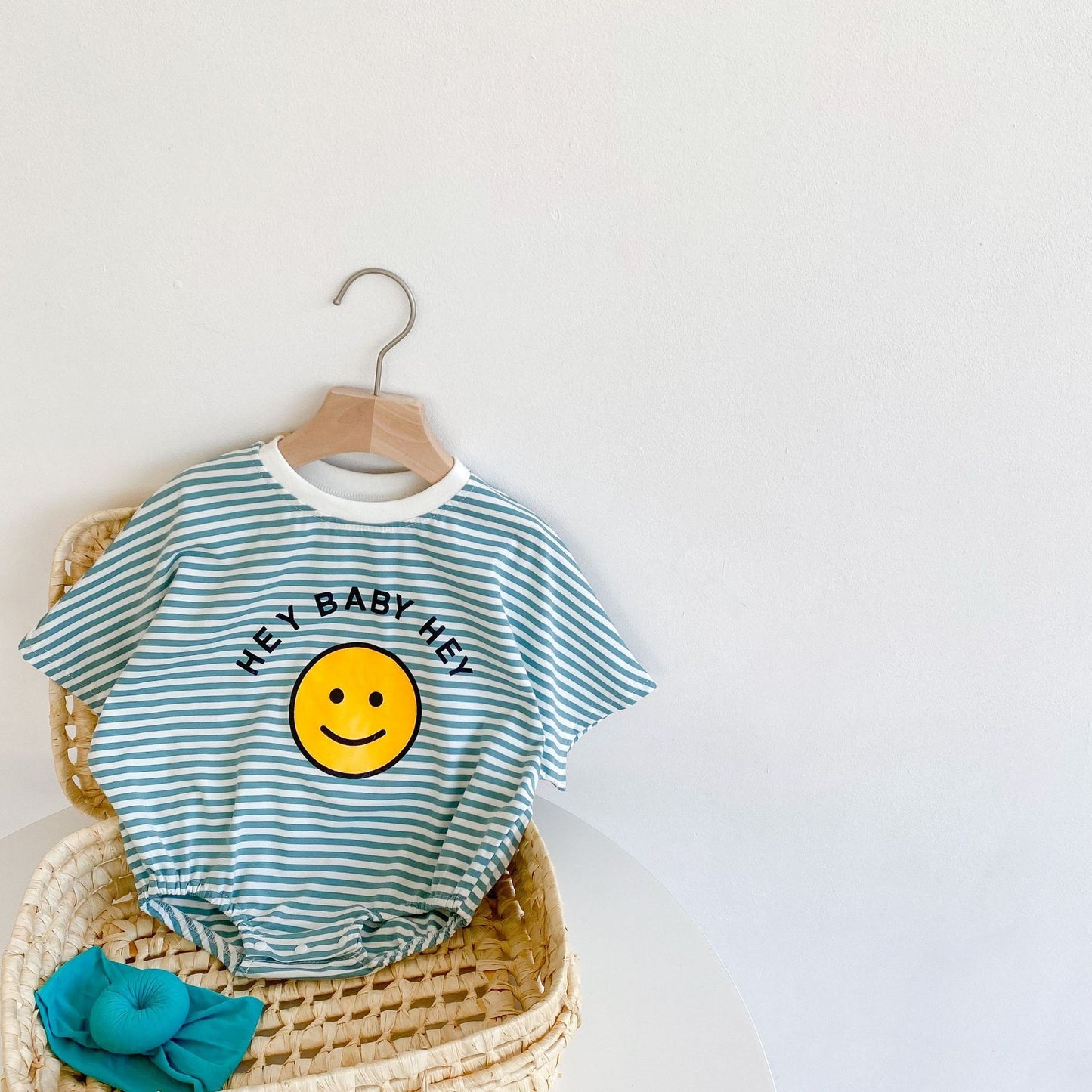 Striped Cotton Baby Romper – Summer Short Sleeve Jumpsuit with Smiley Print