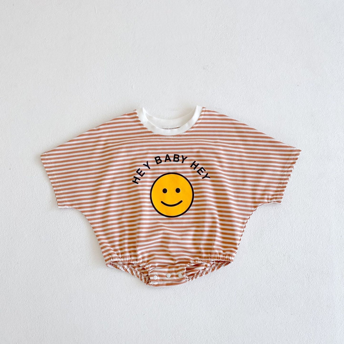 Striped Cotton Baby Romper – Summer Short Sleeve Jumpsuit with Smiley Print