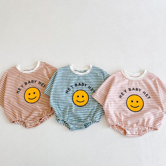 Striped Cotton Baby Romper – Summer Short Sleeve Jumpsuit with Smiley Print